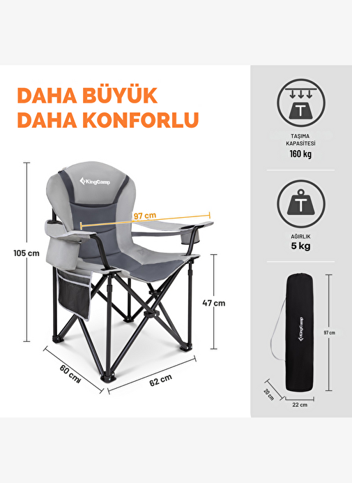 Kingcamp Cedar Deluxe Ultra Bel Destekli Kamp Sandalyesi Grey