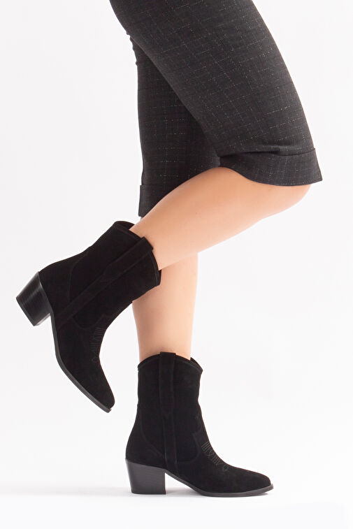 Merita Gerçek Deri Kadın Western Bot Siyah Süet - Görsel 5