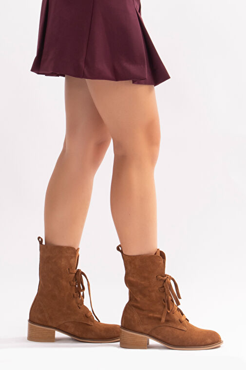 Marian Gerçek Deri Kadın Bot Bağcıklı Taba Süet - Görsel 3