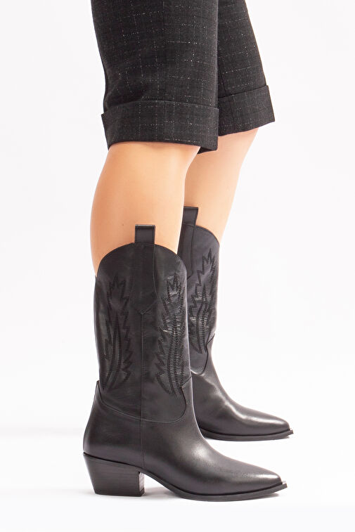 Avlonya Gerçek Deri Kadın Western Çizme Siyah - Görsel 2