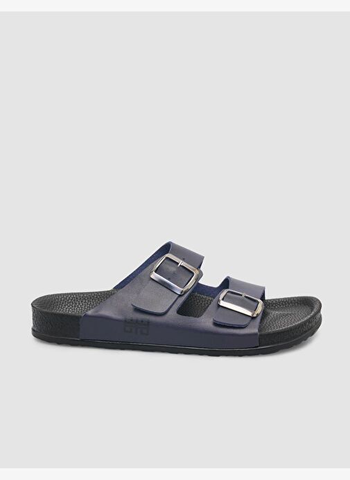 %100 Hakiki Deri Toka Detaylı Lacivert Erkek Terlik - Görsel 2