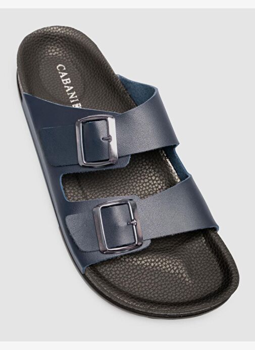 %100 Hakiki Deri Toka Detaylı Lacivert Erkek Terlik - Görsel 7