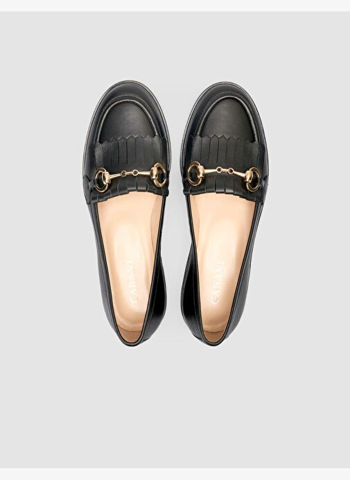 %100 Hakiki Deri Siyah Kadın Püsküllü Loafer - Görsel 5