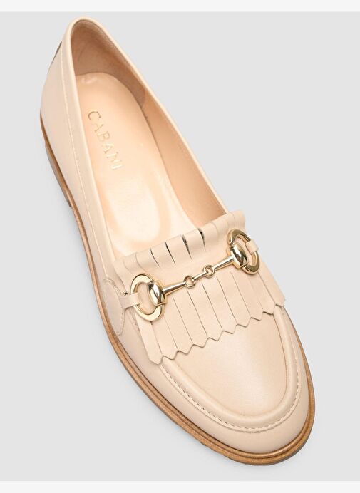 %100 Hakiki Deri Bej Kadın Püsküllü Loafer - Görsel 7