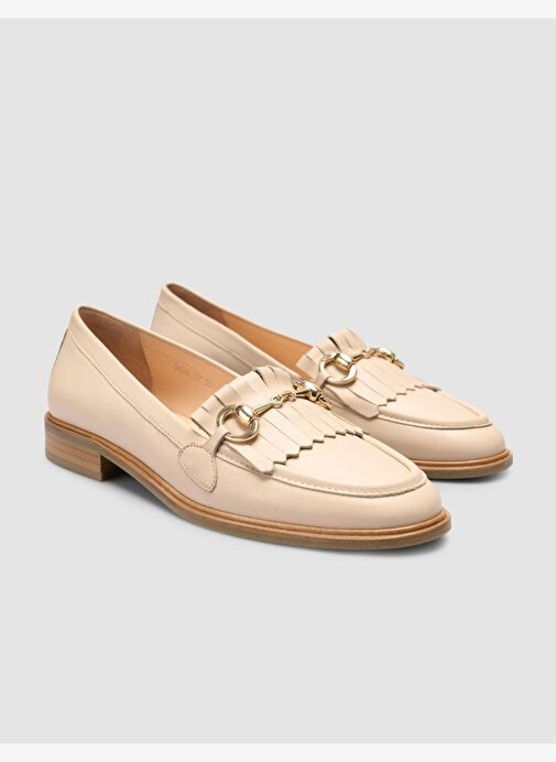 %100 Hakiki Deri Bej Kadın Püsküllü Loafer - Görsel 3