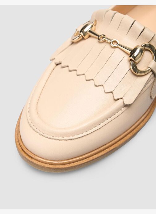 %100 Hakiki Deri Bej Kadın Püsküllü Loafer - Görsel 8