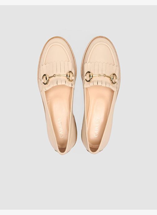 %100 Hakiki Deri Bej Kadın Püsküllü Loafer - Görsel 5