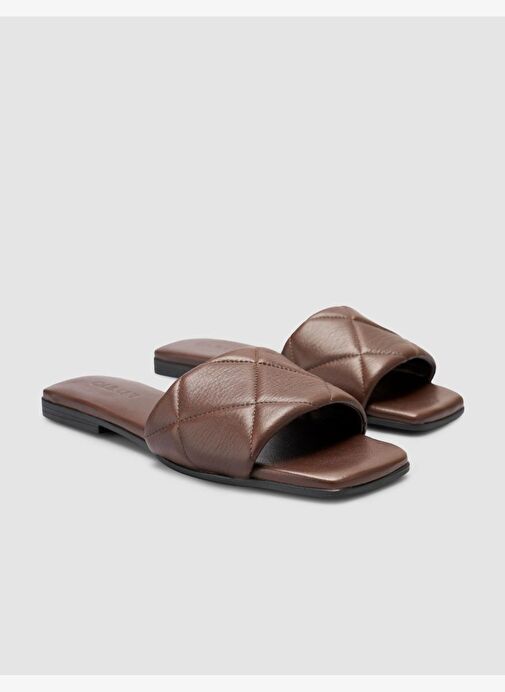 %100 Hakiki Deri Kahverengi Kapitone Kadın Terlik - Görsel 3