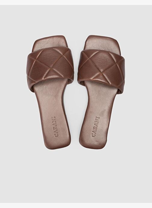 %100 Hakiki Deri Kahverengi Kapitone Kadın Terlik - Görsel 5