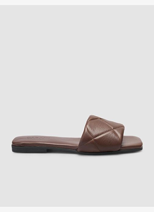 %100 Hakiki Deri Kahverengi Kapitone Kadın Terlik - Görsel 2