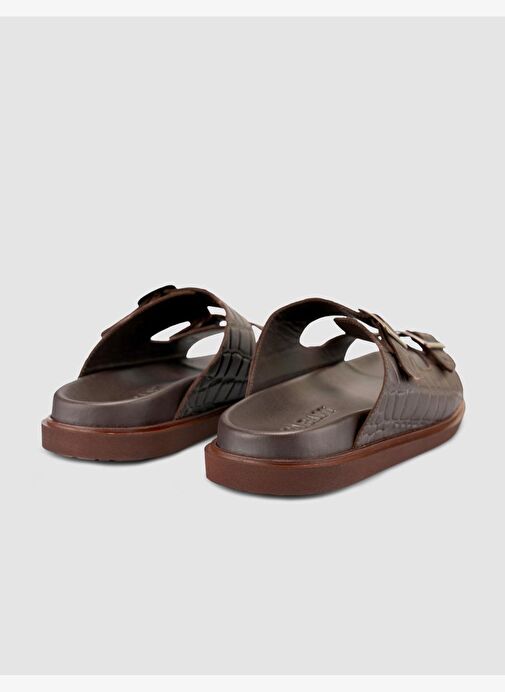 %100 Hakiki Deri Croco Desen Kahverengi Erkek Terlik - Görsel 4