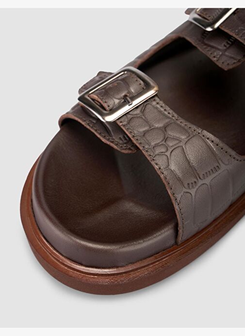 %100 Hakiki Deri Croco Desen Kahverengi Erkek Terlik - Görsel 8