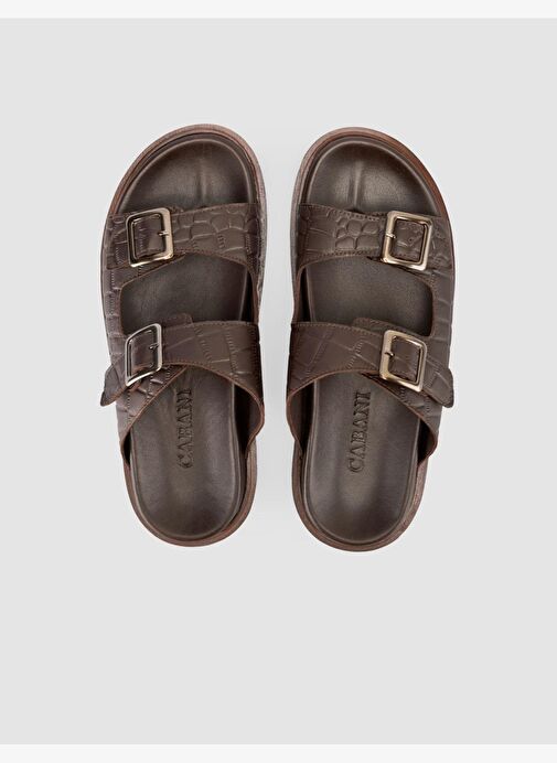 %100 Hakiki Deri Croco Desen Kahverengi Erkek Terlik - Görsel 5