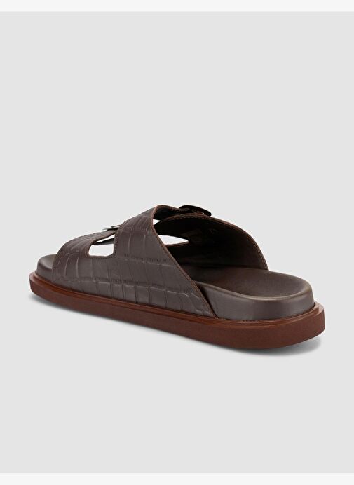 %100 Hakiki Deri Croco Desen Kahverengi Erkek Terlik - Görsel 6
