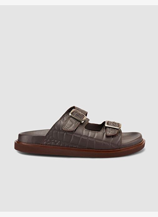 %100 Hakiki Deri Croco Desen Kahverengi Erkek Terlik - Görsel 2