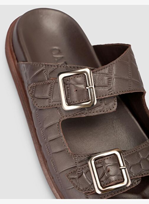 %100 Hakiki Deri Croco Desen Kahverengi Erkek Terlik - Görsel 7