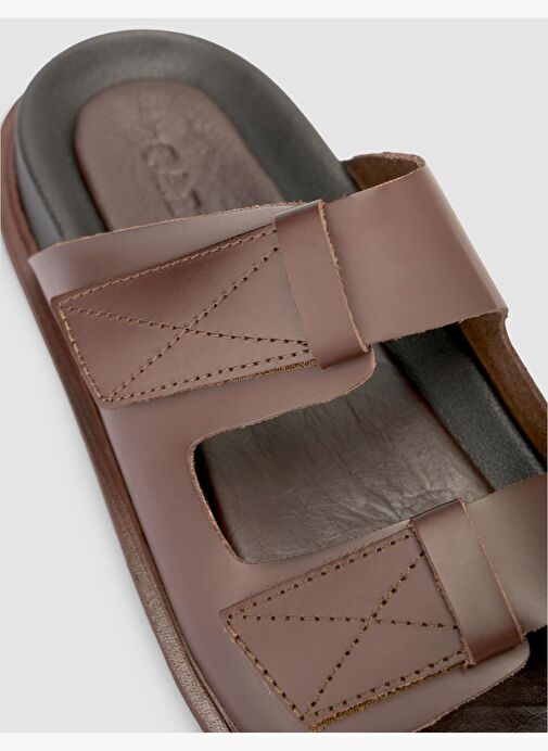 %100 Hakiki Deri Cırt Cırtlı Kahverengi Erkek Terlik - Görsel 7