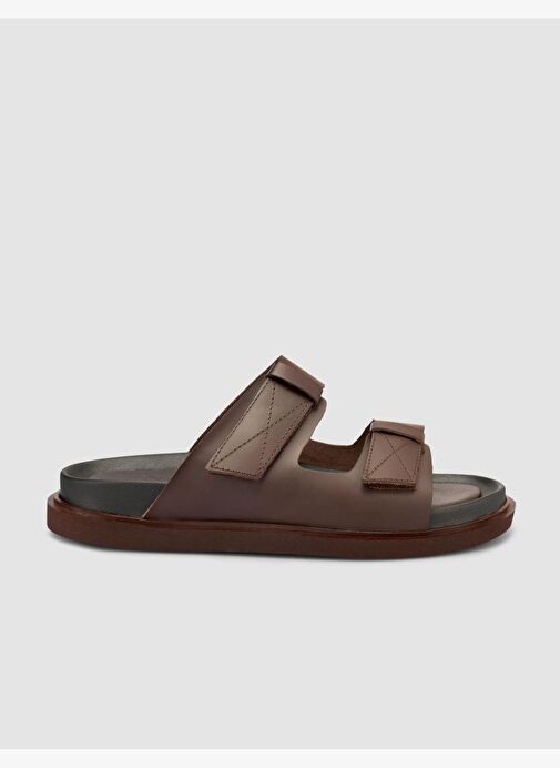 %100 Hakiki Deri Cırt Cırtlı Kahverengi Erkek Terlik - Görsel 2