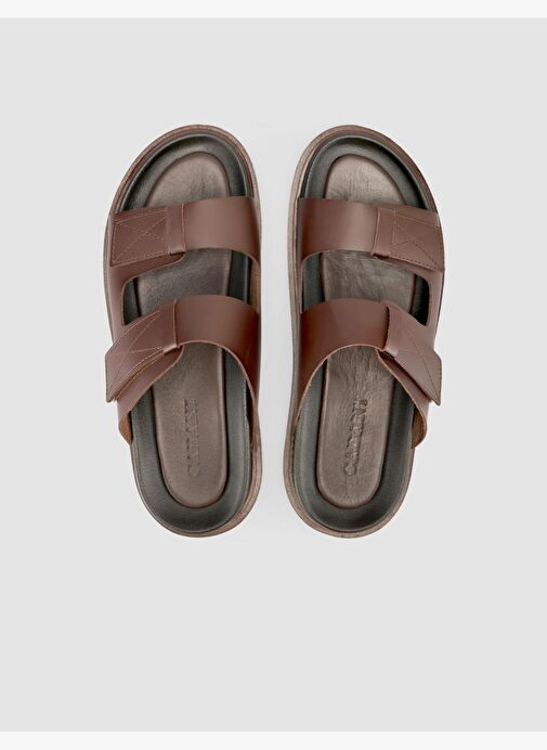 %100 Hakiki Deri Cırt Cırtlı Kahverengi Erkek Terlik - Görsel 5