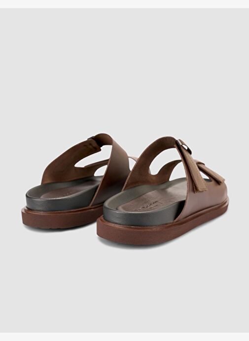 %100 Hakiki Deri Cırt Cırtlı Kahverengi Erkek Terlik - Görsel 4