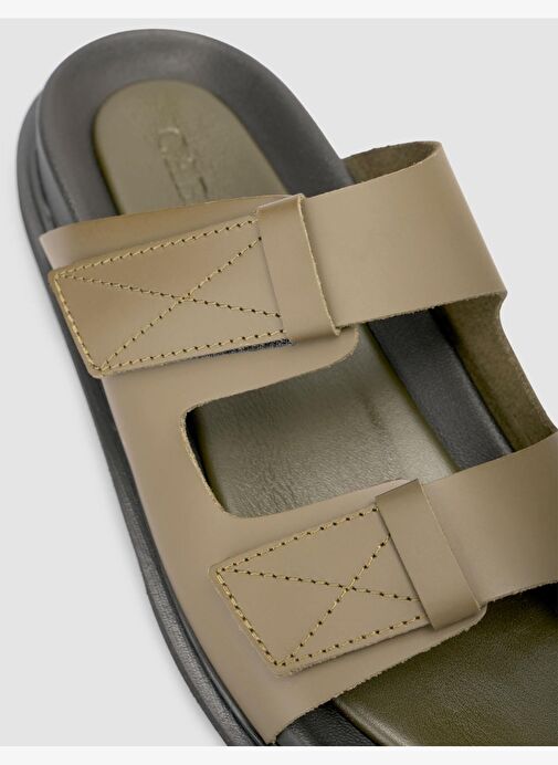 %100 Hakiki Deri Cırt Cırtlı Haki Erkek Terlik - Görsel 7