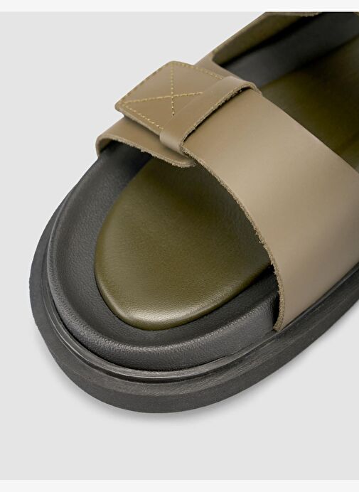 %100 Hakiki Deri Cırt Cırtlı Haki Erkek Terlik - Görsel 8