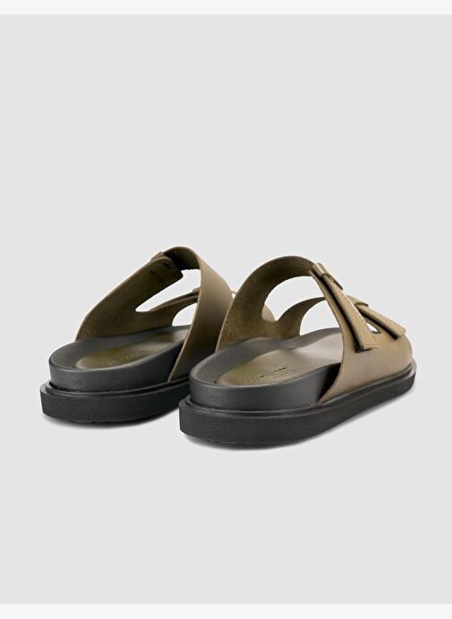 %100 Hakiki Deri Cırt Cırtlı Haki Erkek Terlik - Görsel 4