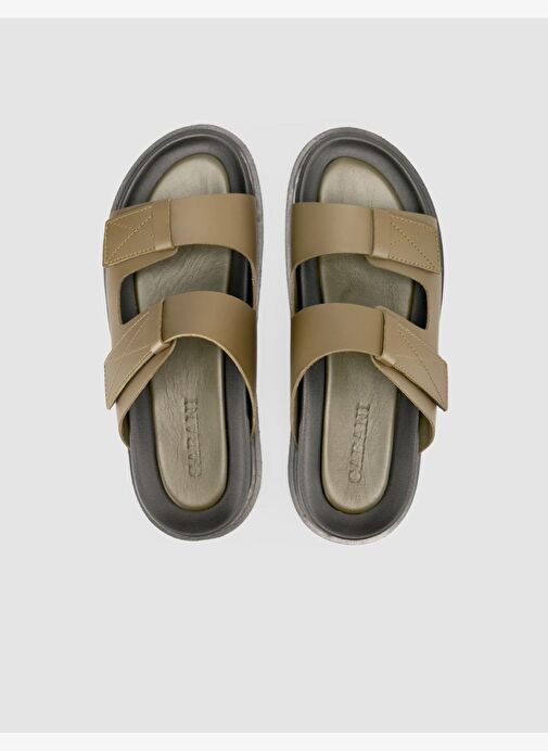 %100 Hakiki Deri Cırt Cırtlı Haki Erkek Terlik - Görsel 5