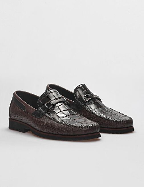 Hakiki Deri Kahverengi Kroko Detaylı Erkek Klasik Ayakkabı - Görsel 3