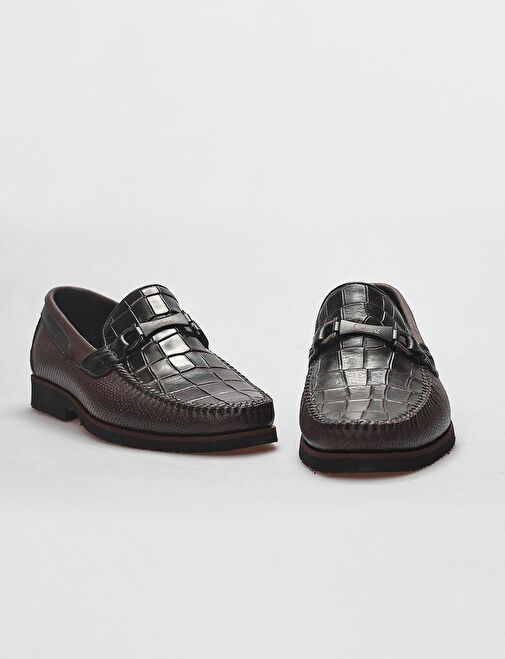 Hakiki Deri Kahverengi Kroko Detaylı Erkek Klasik Ayakkabı - Görsel 5