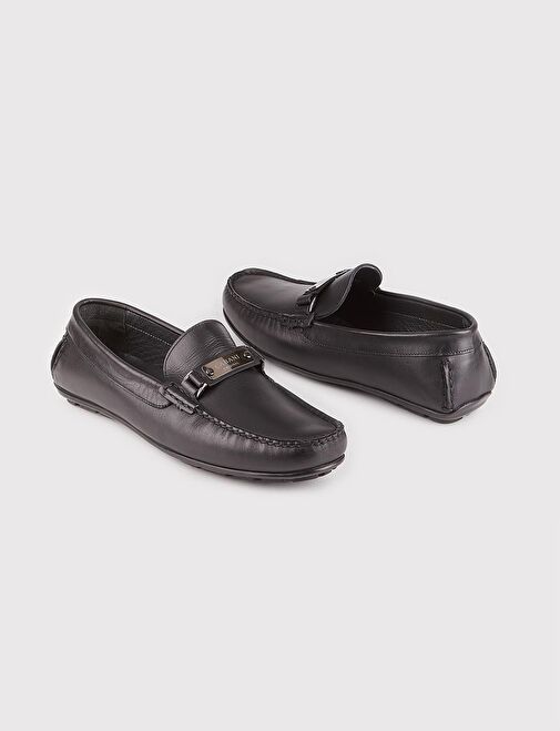 Erkek Hakiki Deri Rozet Aksesuarlı Siyah Loafer Ayakkabı - Görsel 5