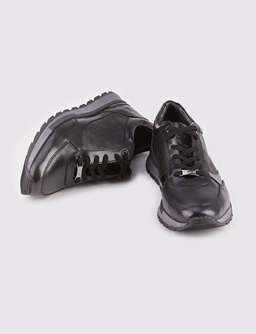 Deri Kaplamalı Hakiki Deri Siyah Bağcıklı Erkek Spor Ayakkabı - Görsel 7