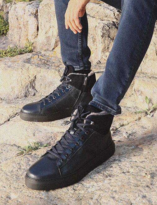 Hakiki Deri Lacivert Kürklü Erkek Günlük Bot - Görsel 6