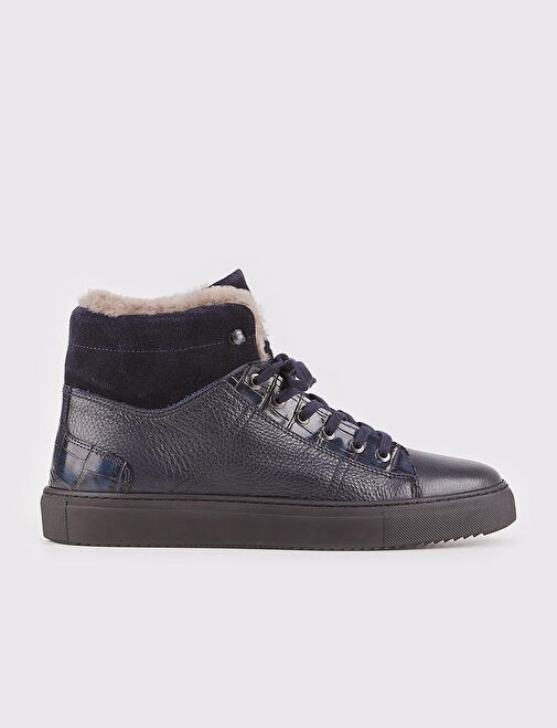 Hakiki Deri Lacivert Kürklü Erkek Günlük Bot - Görsel 2