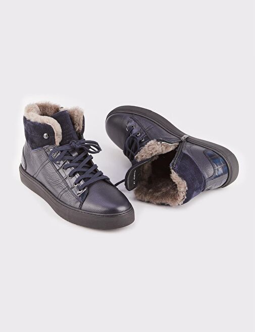 Hakiki Deri Lacivert Kürklü Erkek Günlük Bot - Görsel 5