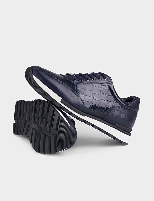 Croco Baskılı Hakiki Deri Lacivert Bağcıklı Erkek Spor Ayakkabı - Görsel 5