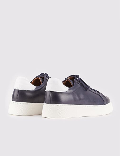 Hakiki Deri Lacivert Bağcıklı Yanları Dikiş Detaylı Erkek Spor Ayakkabı - Görsel 4