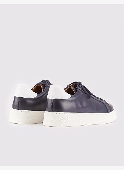Hakiki Deri Lacivert Bağcıklı Yanları Dikiş Detaylı Erkek Spor Ayakkabı - Görsel 4