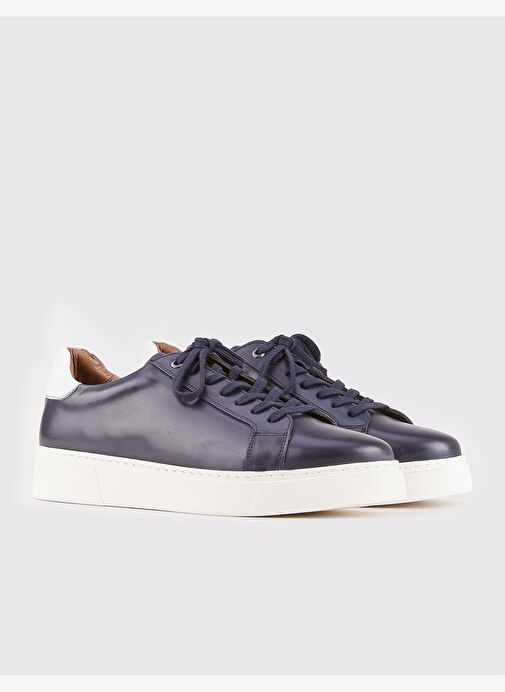 Hakiki Deri Lacivert Bağcıklı Yanları Dikiş Detaylı Erkek Spor Ayakkabı - Görsel 3