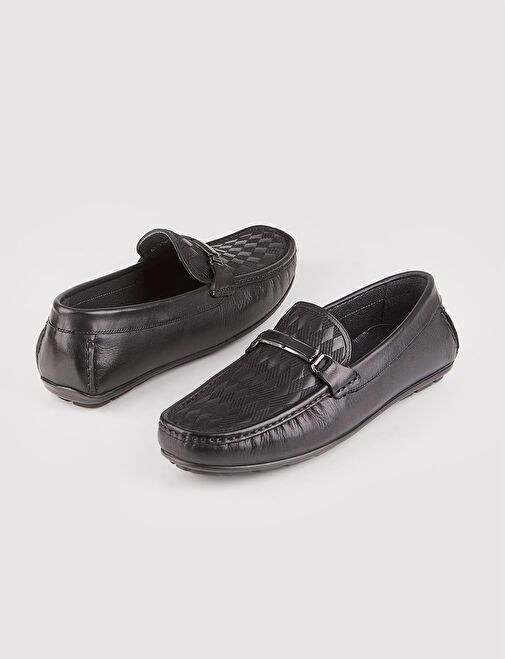 Baklava Desenli Hakiki Deri Siyah Erkek Loafer Ayakkabı - Görsel 5