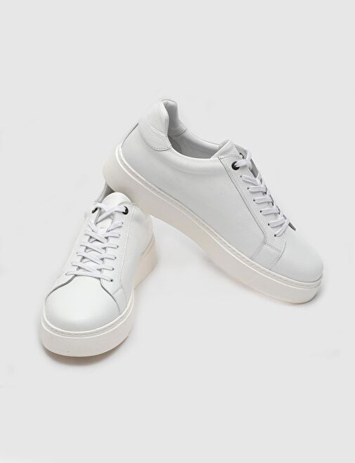 Hakiki Deri Beyaz Bağcıklı Erkek Günlük Spor Ayakkabı - Görsel 5