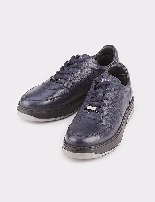 Hakiki Deri Lacivert Bağcıklı Kauçuk Tabanlı Erkek Sneaker Spor Ayakkabı - Görsel 5