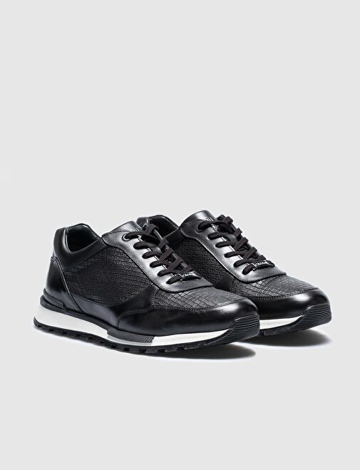 Gerçek Deri Siyah Bağcıklı Özel Tasarımlı Erkek Spor Ayakkabı - Görsel 3