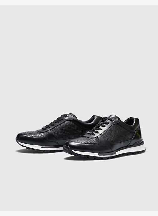 Gerçek Deri Siyah Bağcıklı Özel Tasarımlı Erkek Spor Ayakkabı - Görsel 5