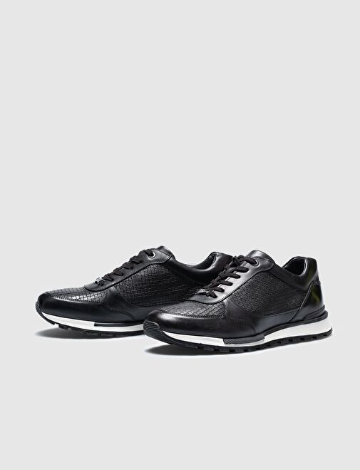 Gerçek Deri Siyah Bağcıklı Özel Tasarımlı Erkek Spor Ayakkabı - Görsel 8