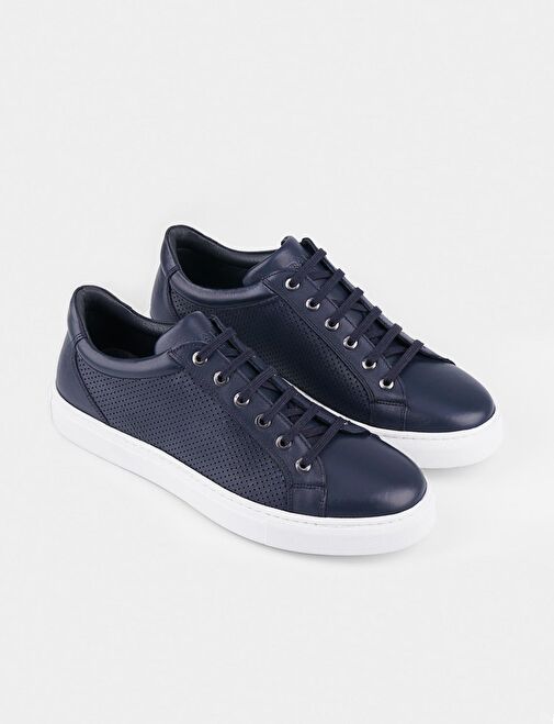 Lacivert Bağcıklı Hakiki Deri Erkek Spor Ayakkabı - Görsel 3