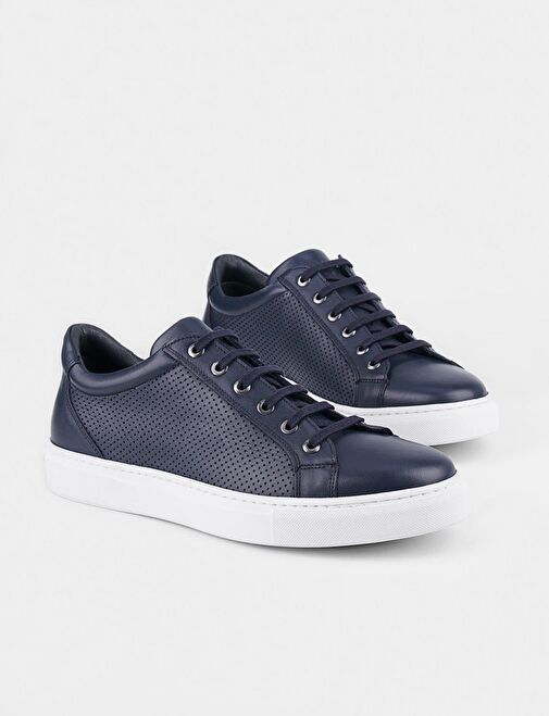 Lacivert Bağcıklı Hakiki Deri Erkek Spor Ayakkabı - Görsel 5