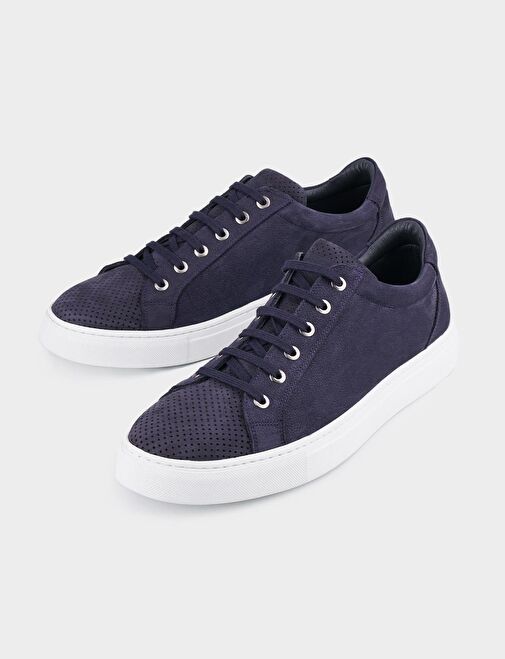 Kauçuk Taban Hakiki Deri Lacivert Bağcıklı Erkek Spor Ayakkabı - Görsel 5