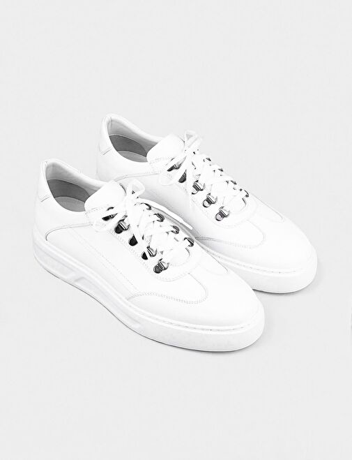 Mevsimlik Hakiki Deri Beyaz Bağcıklı Erkek Spor Ayakkabı - Görsel 4