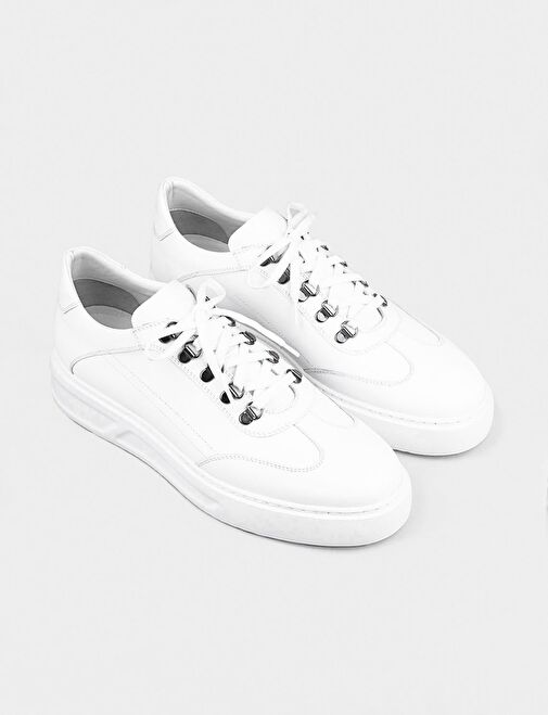 Mevsimlik Hakiki Deri Beyaz Bağcıklı Erkek Spor Ayakkabı - Görsel 3